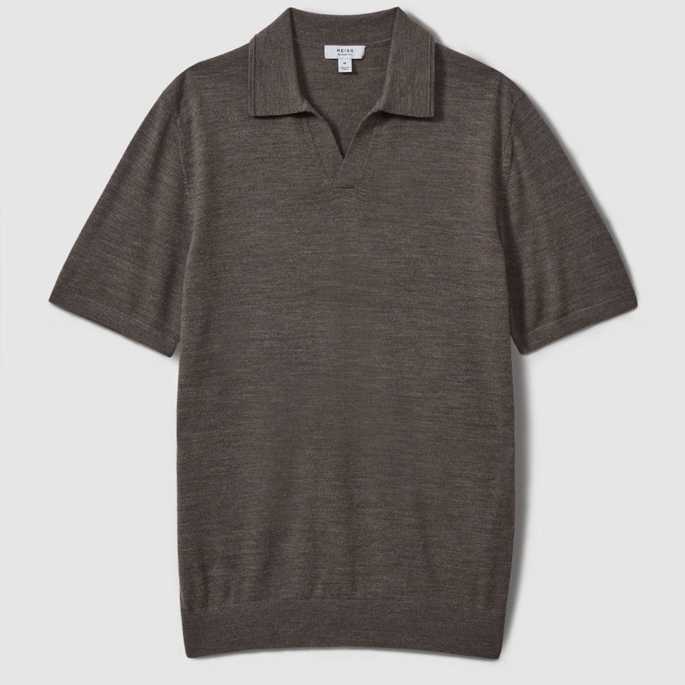 Reiss Duchie Johnny Collar Short Sleeve Wool Polo Sweater Dark Brown Melange M